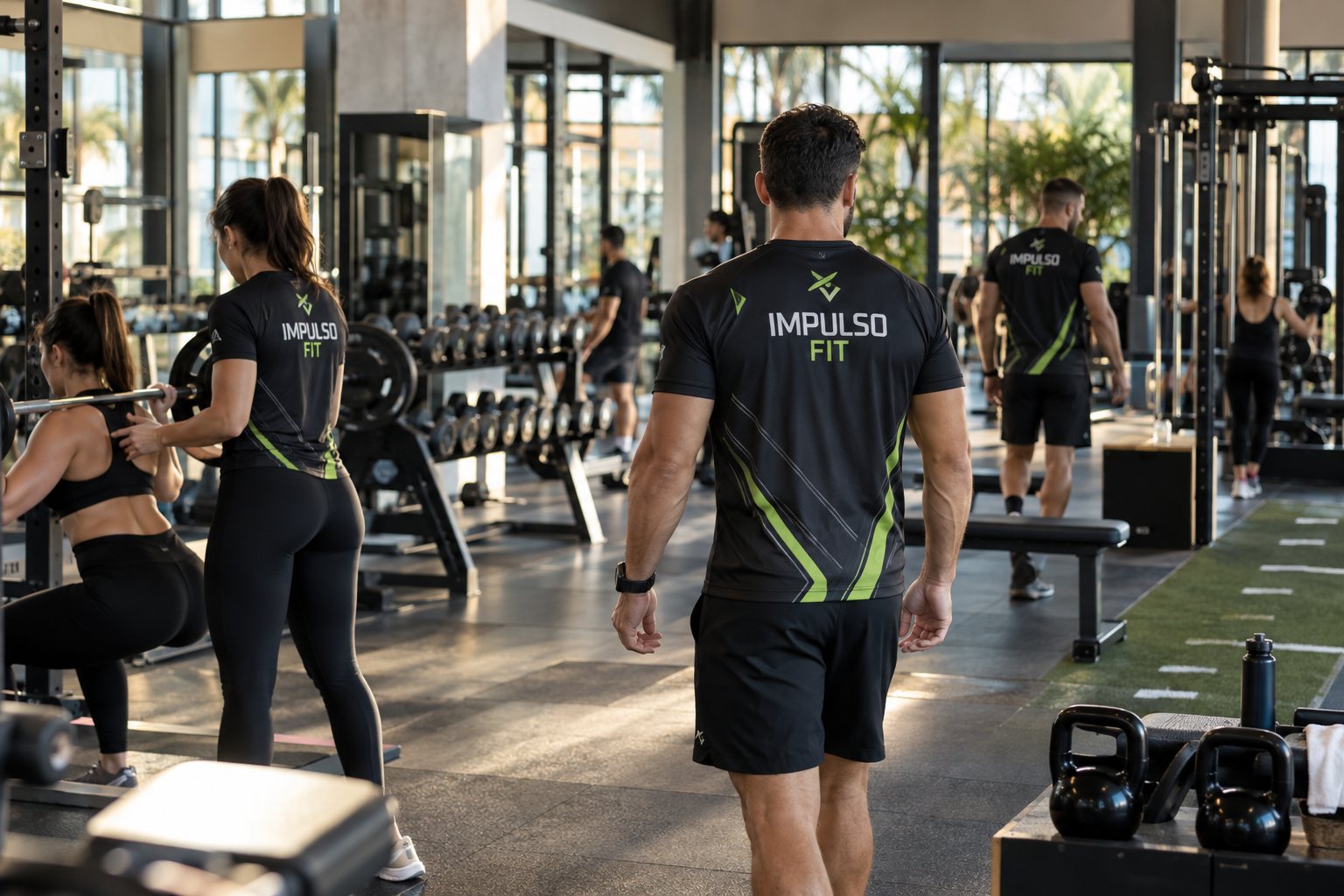 Instrutores e alunos de academia vestindo camisetas dry fit personalizadas na área de musculação — Grafíssima
