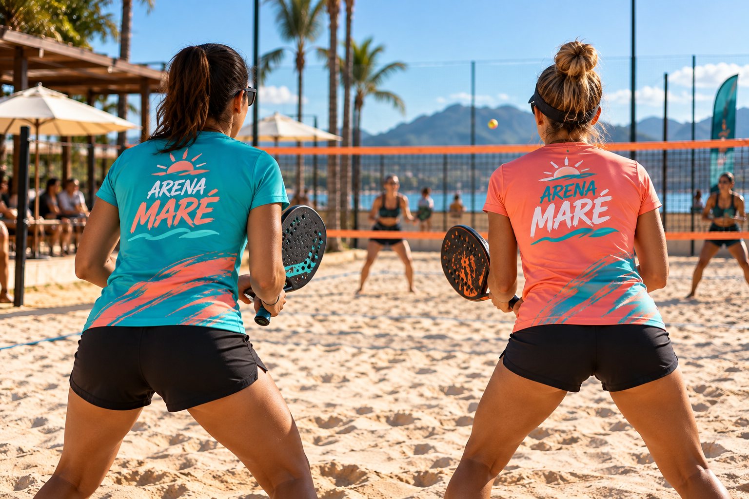 Duplas jogando beach tennis em arena de areia com camisetas dry fit personalizadas — Grafíssima