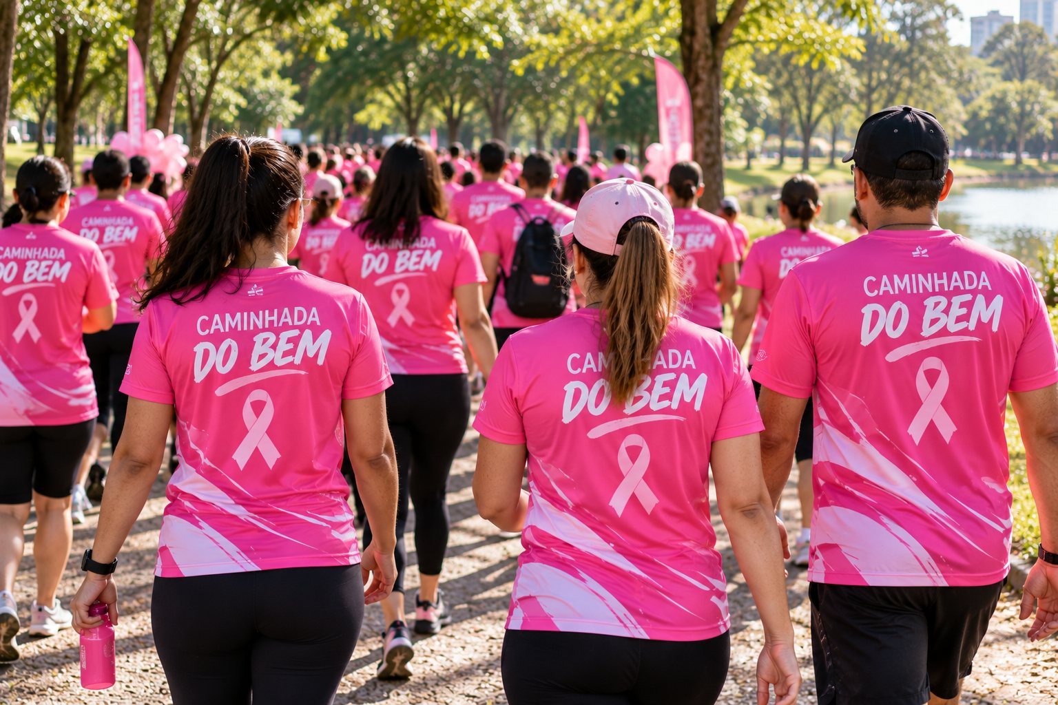 Participantes de caminhada do Outubro Rosa com camisetas dry fit personalizadas na rua — Grafíssima