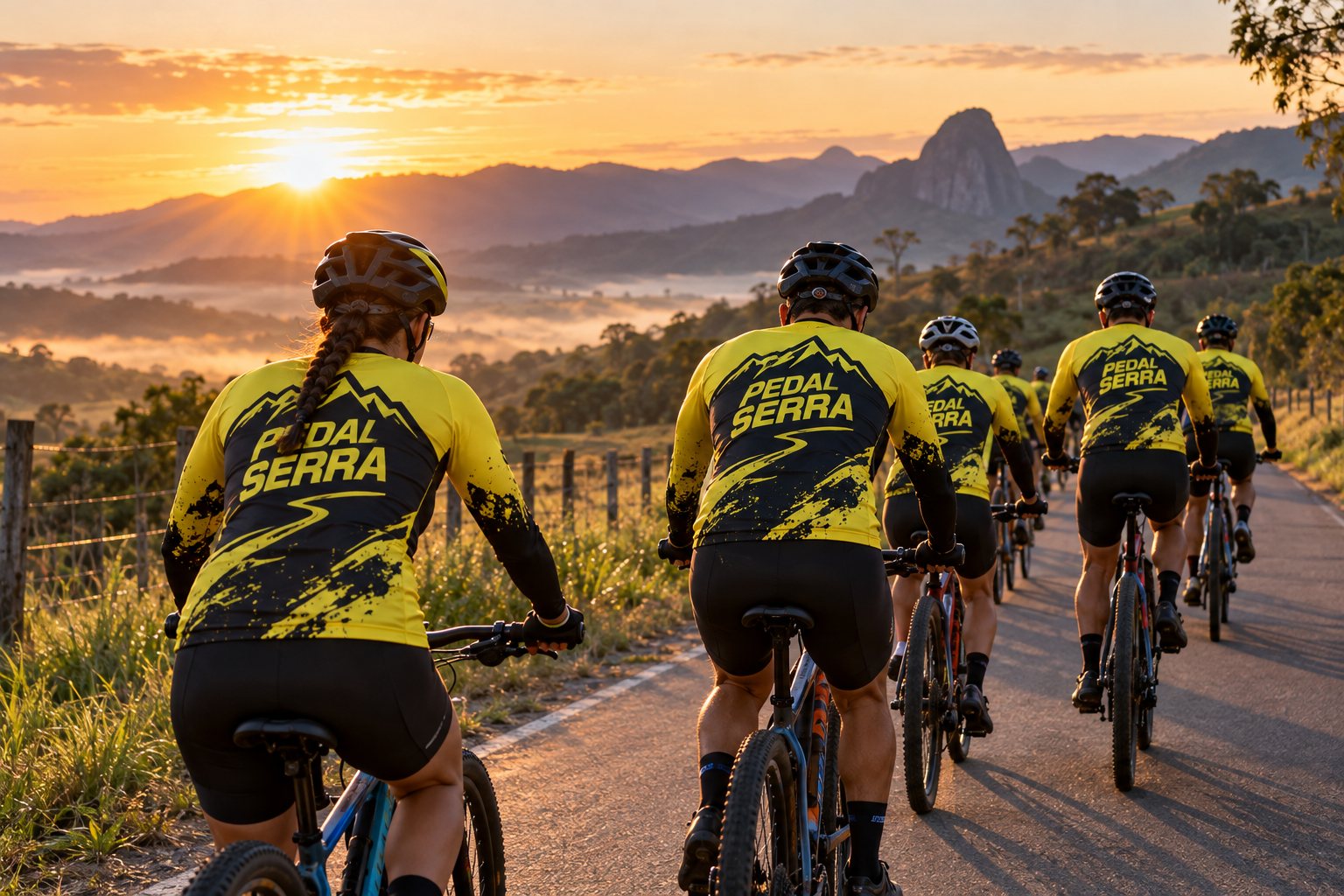 Grupo de ciclistas na estrada usando camisetas dry fit personalizadas de manga longa — Grafíssima