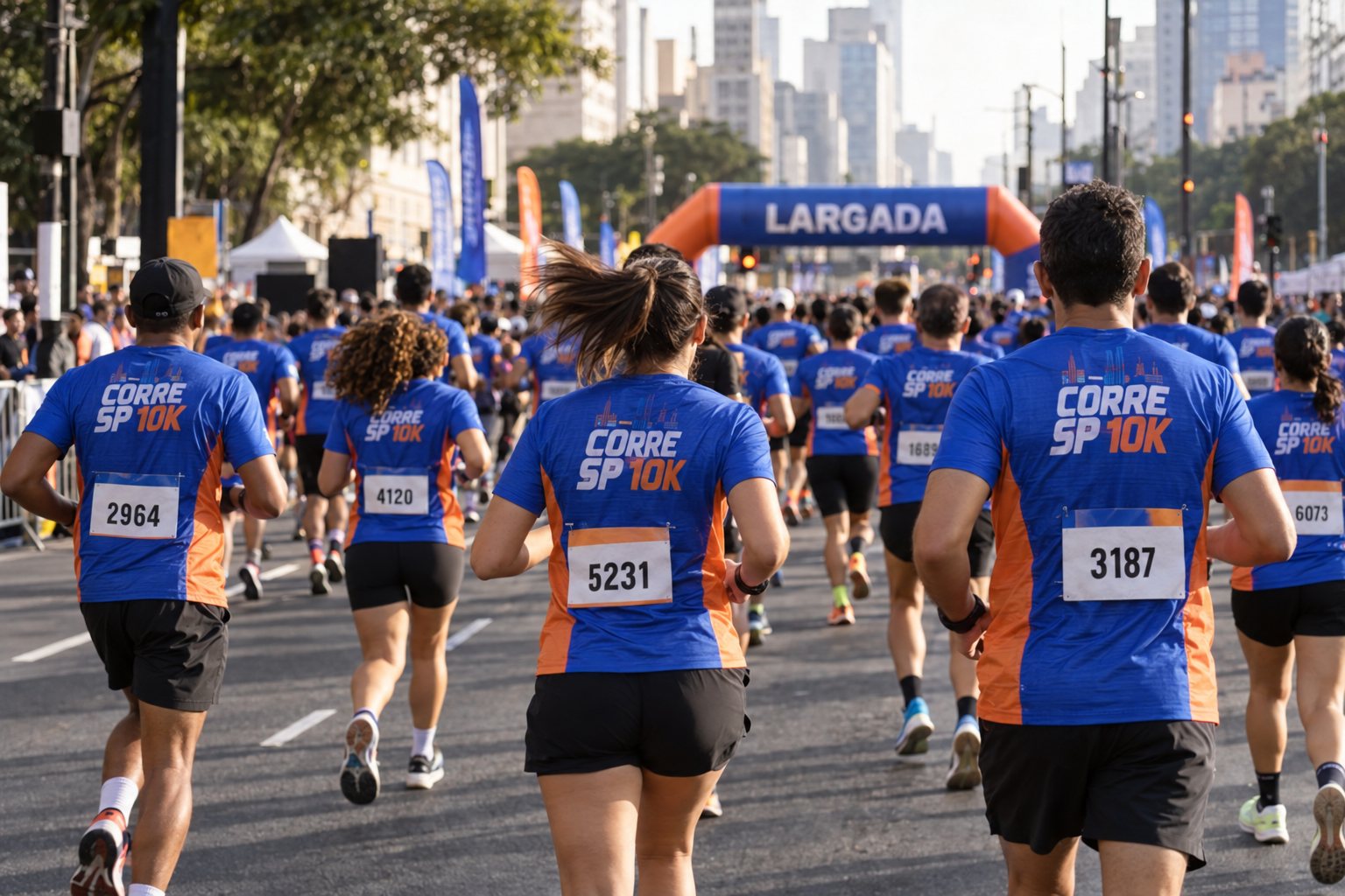 Corredores com camisetas dry fit personalizadas na largada de uma corrida de rua — Grafíssima