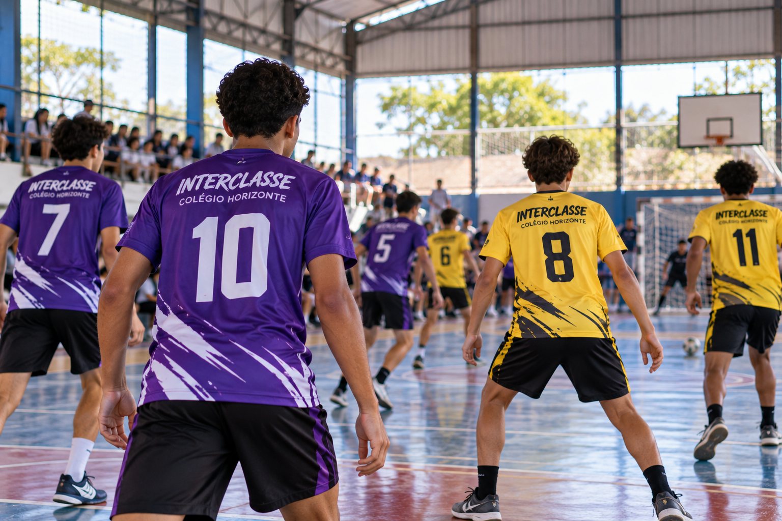 Alunos em quadra escolar com camisetas dry fit personalizadas por turma no interclasse — Grafíssima