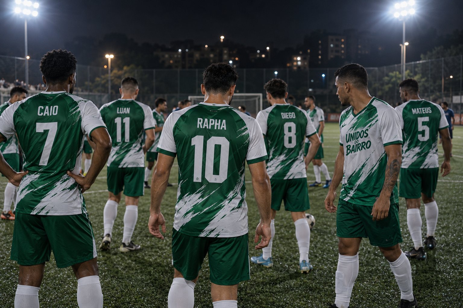 Time amador de futebol society em quadra com camisetas dry fit personalizadas com nomes e números — Grafíssima
