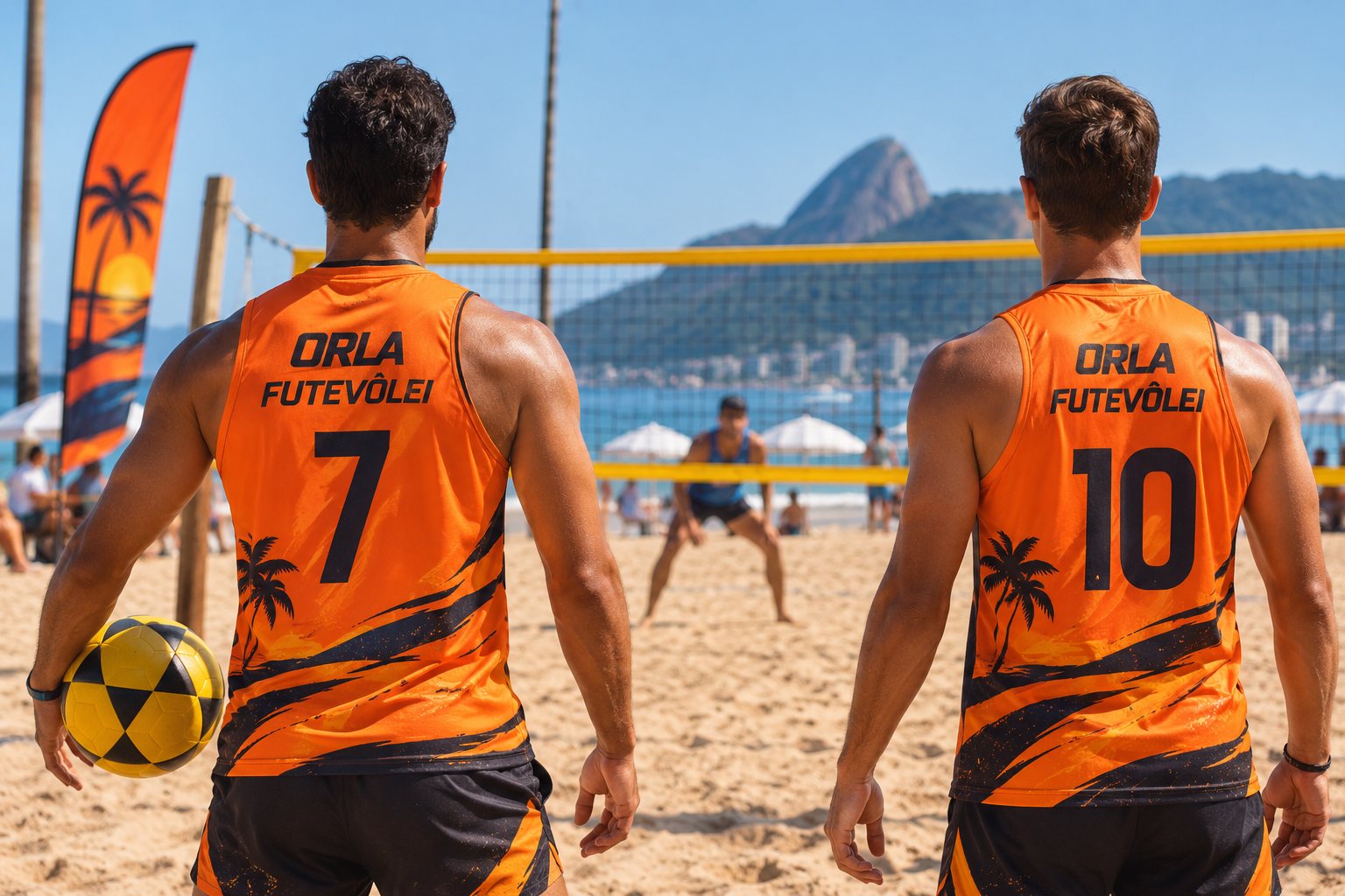 Dupla de futevôlei em arena de areia vestindo regatas dry fit personalizadas — Grafíssima