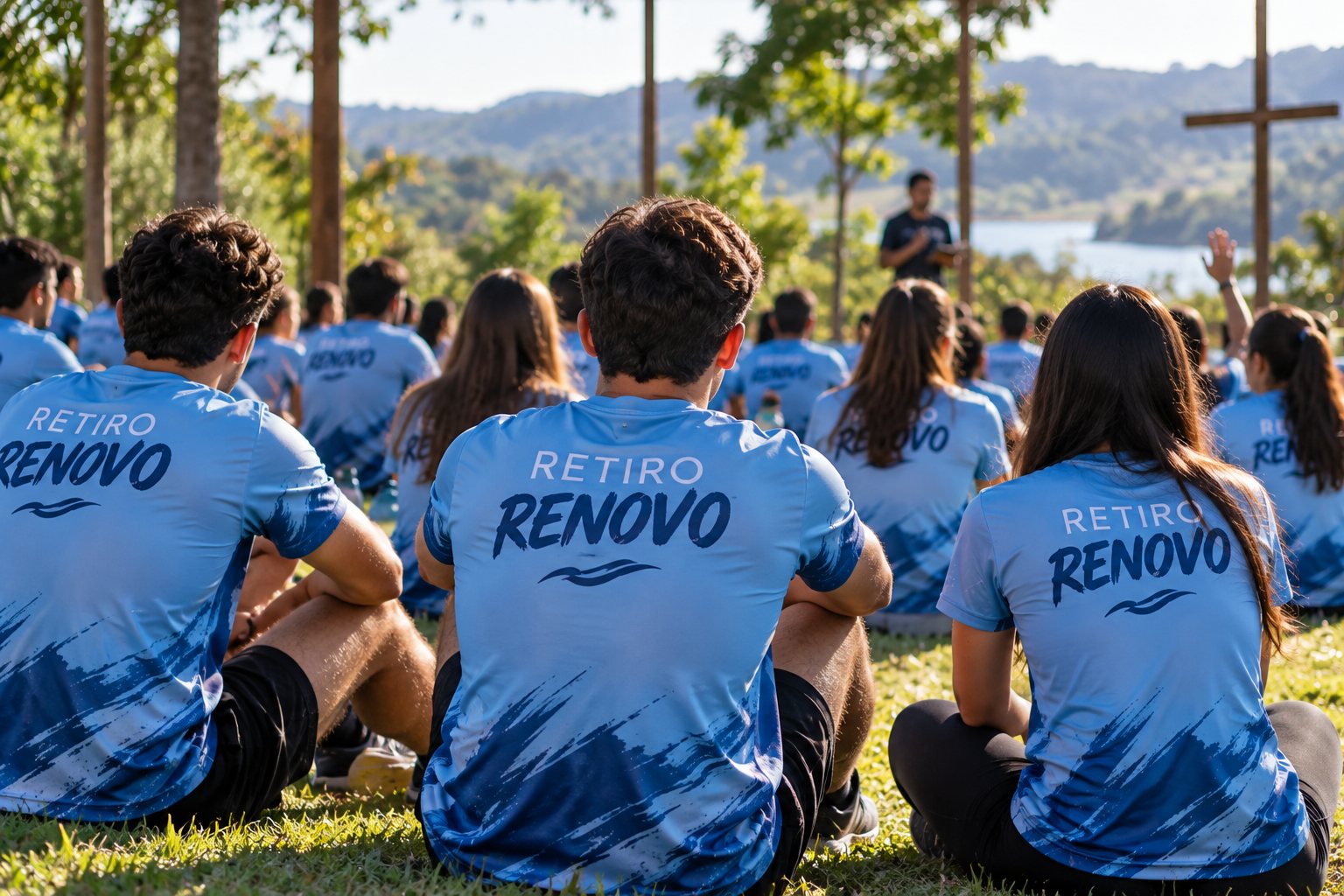 Jovens em retiro de igreja vestindo camisetas dry fit personalizadas com o tema do encontro — Grafíssima
