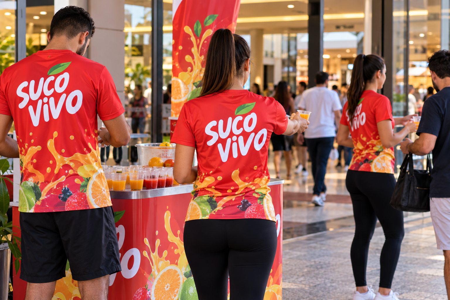 Promotores com camisetas dry fit de uma marca fictícia em ação de degustação no supermercado — Grafíssima
