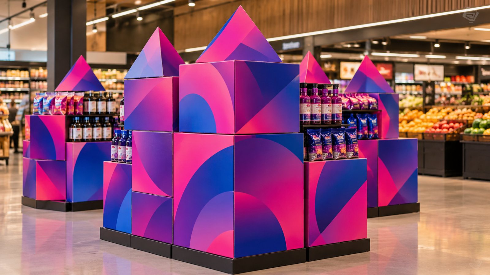 Cubos promocionais empilhados no corredor do supermercado