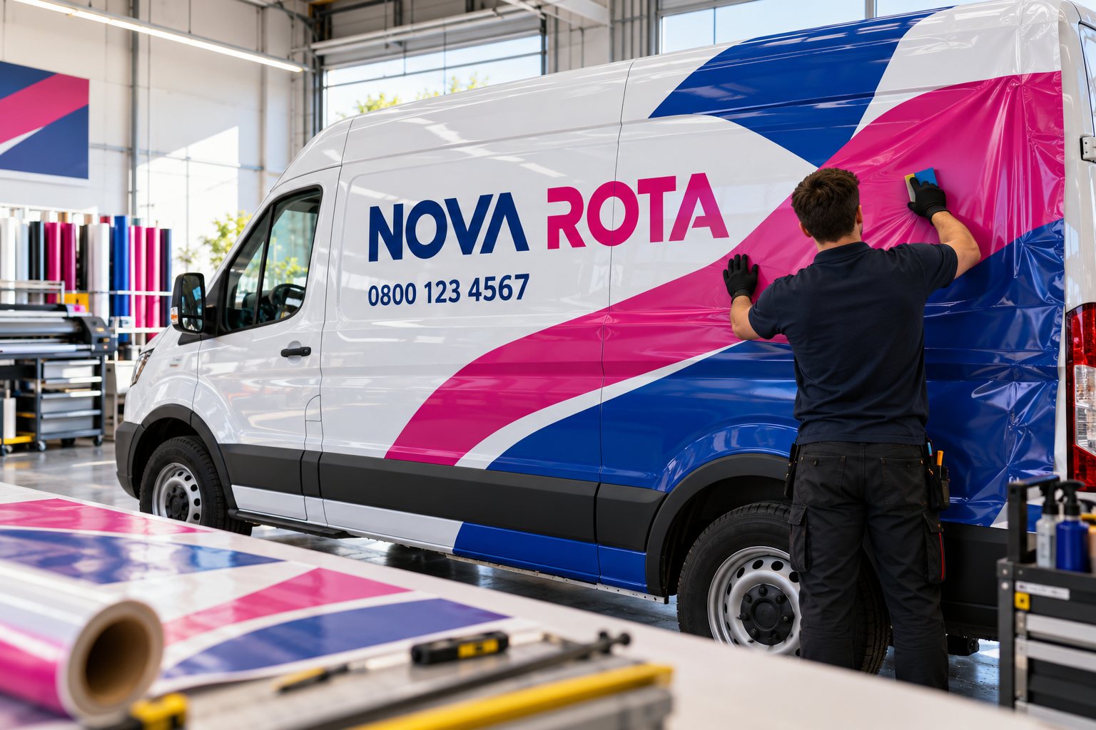 Aplicador instalando vinil impresso na lateral de uma van dentro do galpão da fábrica · Adesivos para frotas em São Paulo