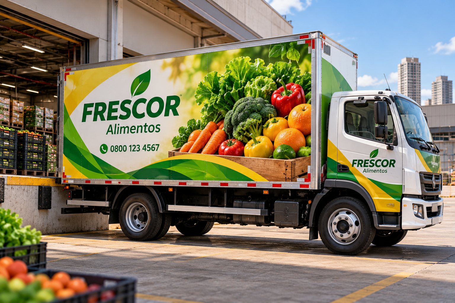 Caminhão baú com lateral envelopada de marca fictícia de alimentos em centro de distribuição · Envelopamento de frota de distribuidora em SP