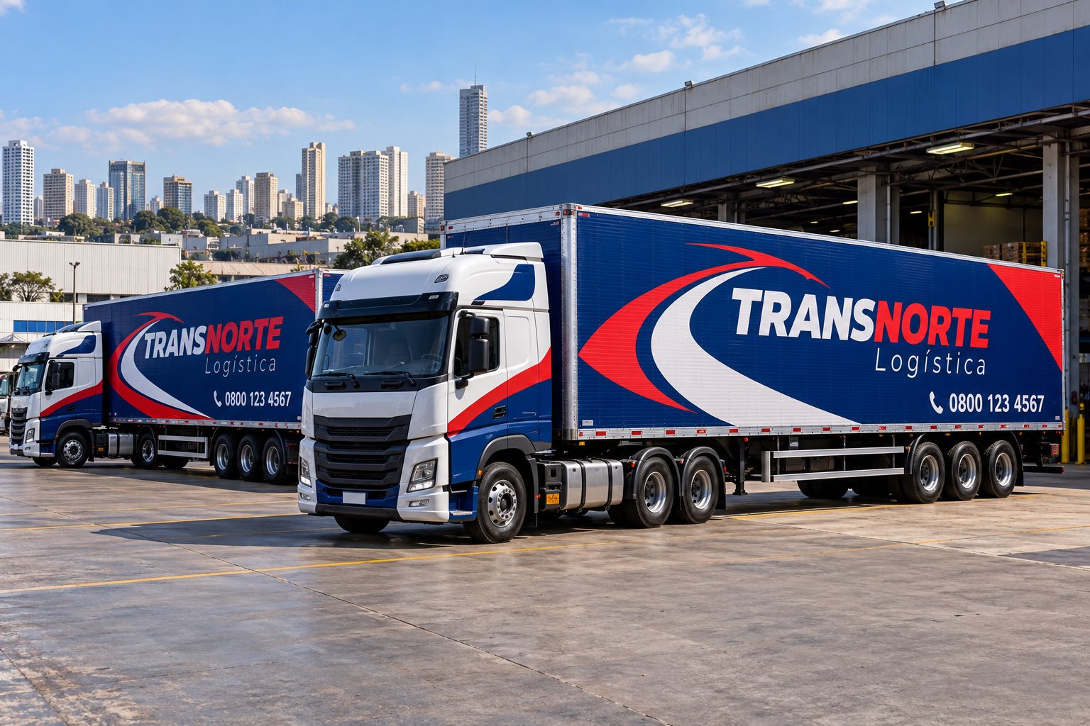 Carretas envelopadas com marca fictícia de transportadora em pátio logístico · Envelopamento de carretas em São Paulo