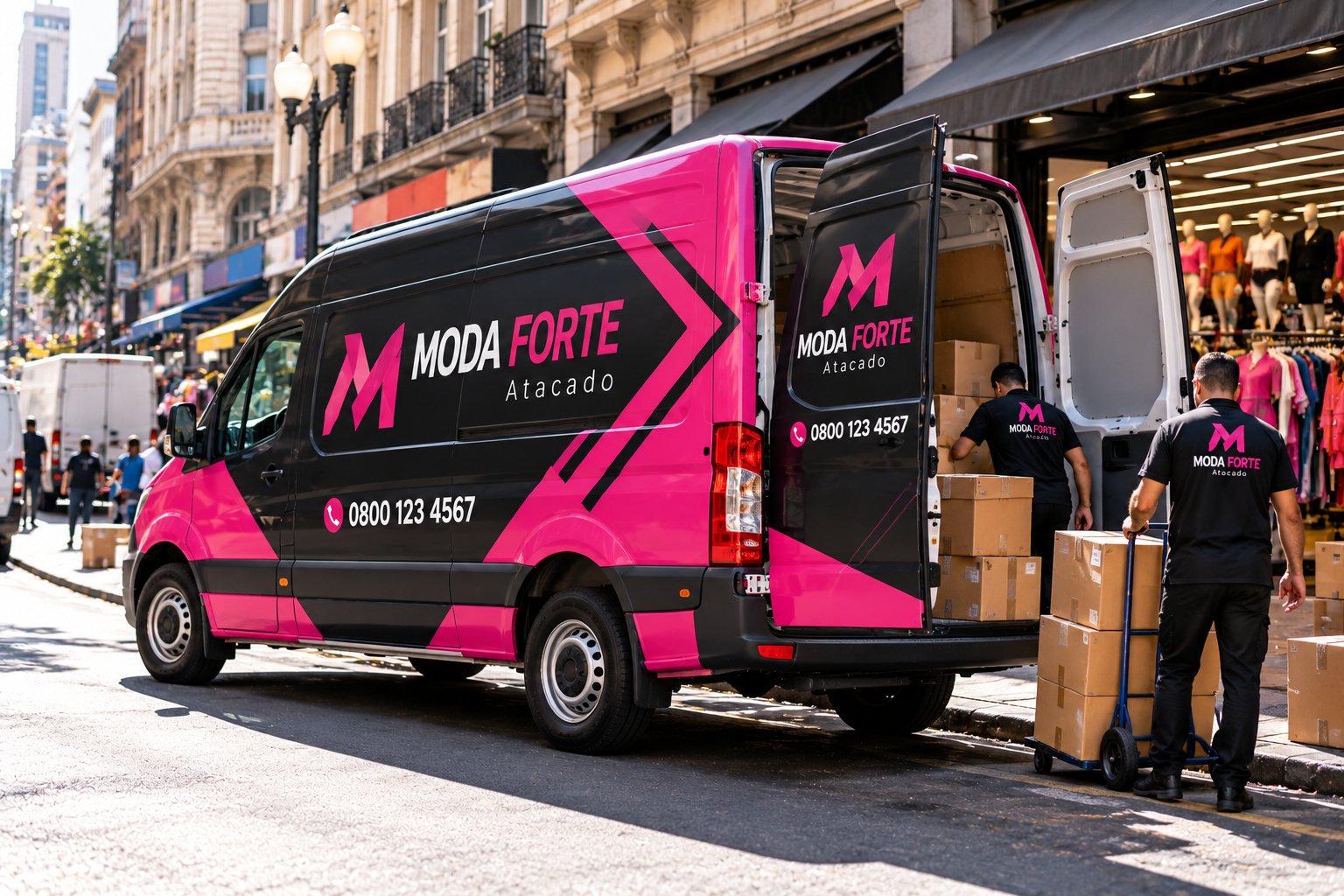 Furgão envelopado com marca fictícia em rua de comércio atacadista do centro de São Paulo · Envelopamento de frotas no Bom Retiro