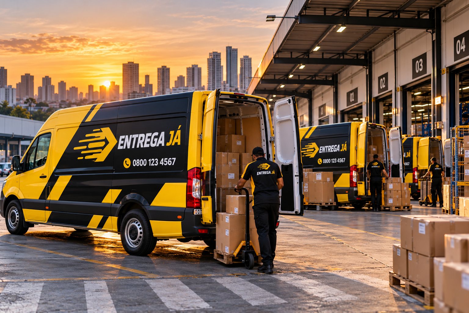Vans de entrega envelopadas com marca fictícia em centro de distribuição de última milha · Envelopamento de frotas em Aricanduva