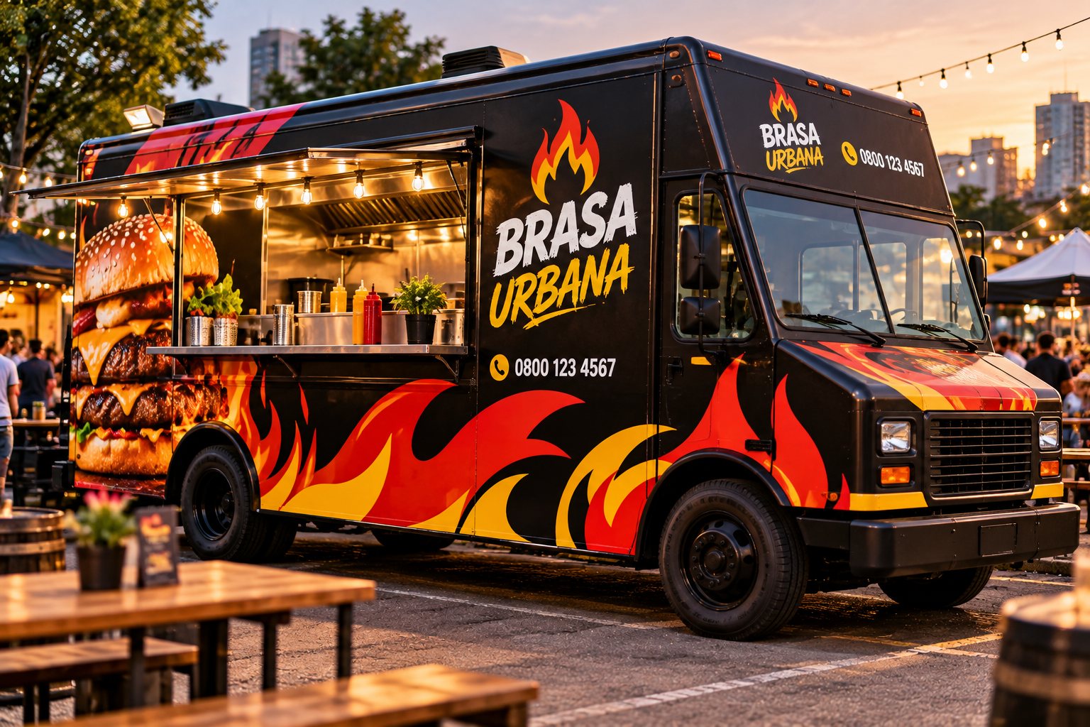 Food truck envelopado com marca fictícia em evento ao ar livre em São Paulo · Envelopamento de food truck em São Paulo