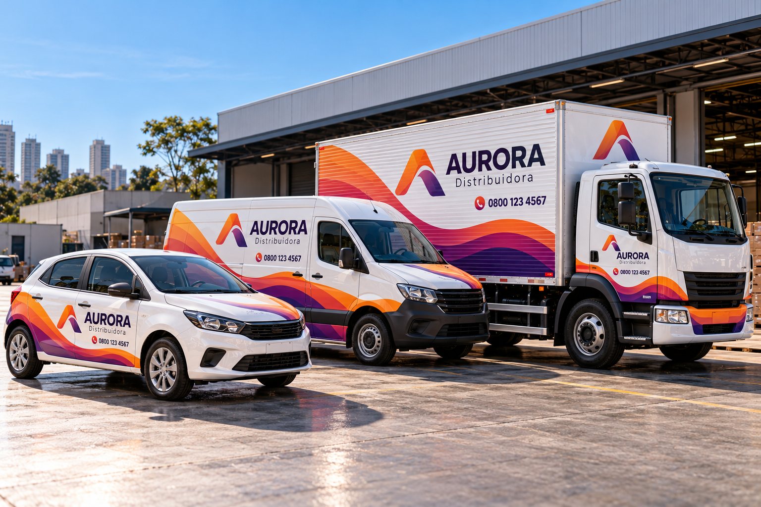 Carro, van e caminhão com a mesma identidade visual de marca fictícia · Envelopamento de frotas na Lapa