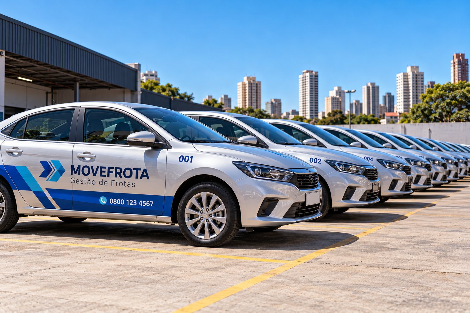 Frota de sedãs padronizados com adesivos de marca fictícia em pátio · Padronização de frota em São Paulo