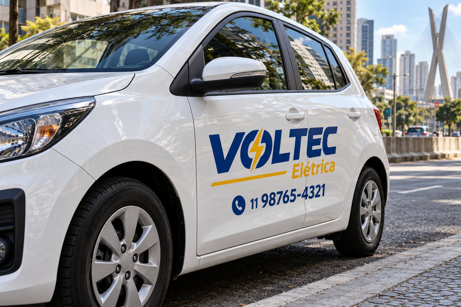 Porta de carro com letras e logotipo recortados em vinil de marca fictícia de elétrica · Plotagem de veículos em São Paulo