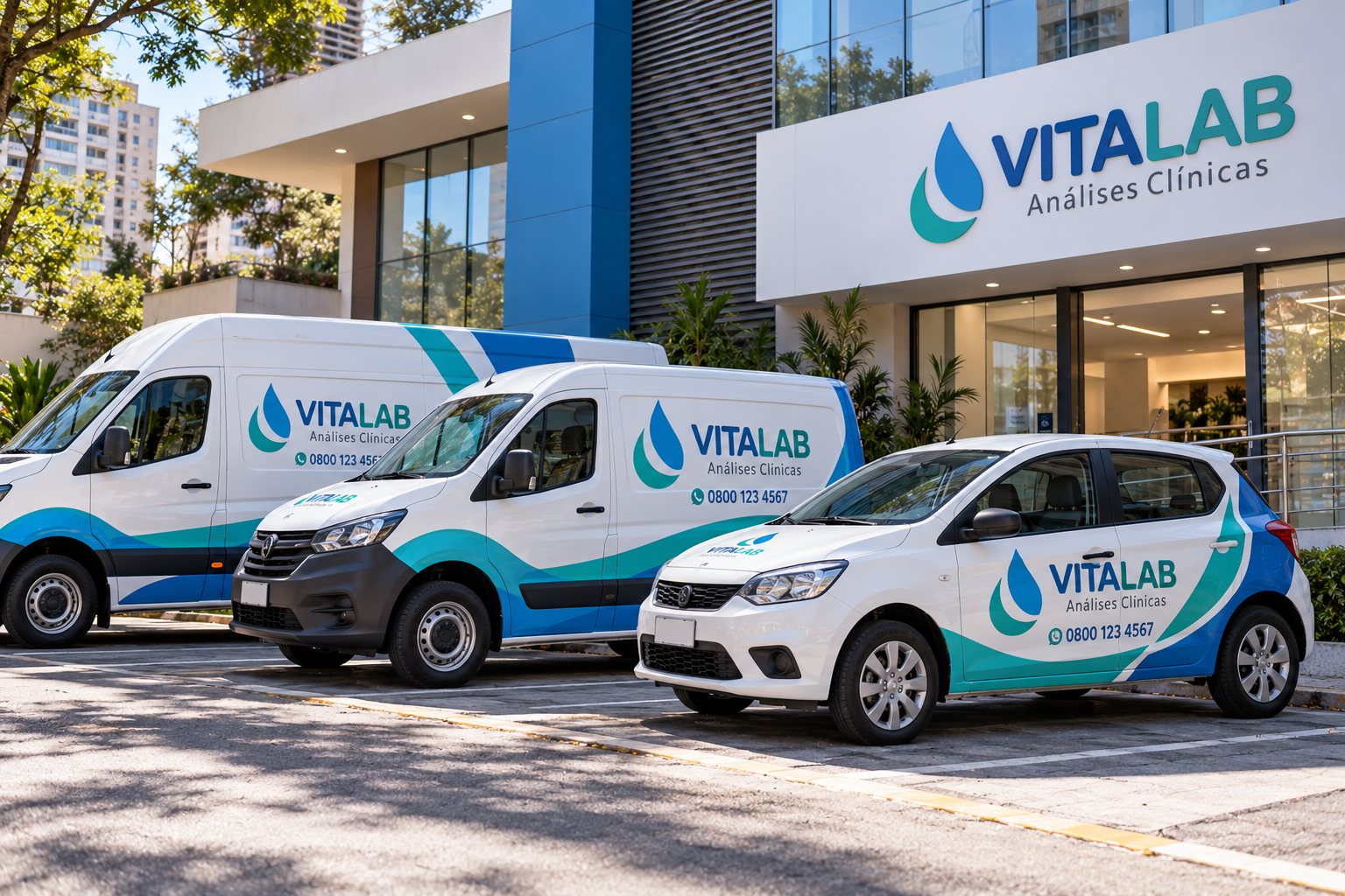 Vans e carros brancos adesivados com marca fictícia de laboratório de análises · Envelopamento de frotas para saúde em São Paulo