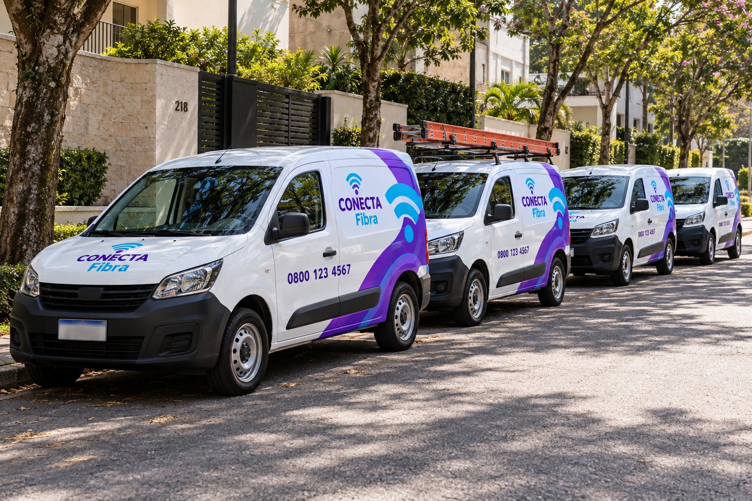 Utilitários leves envelopados com marca fictícia de internet e telecom · Envelopamento de utilitários em São Paulo