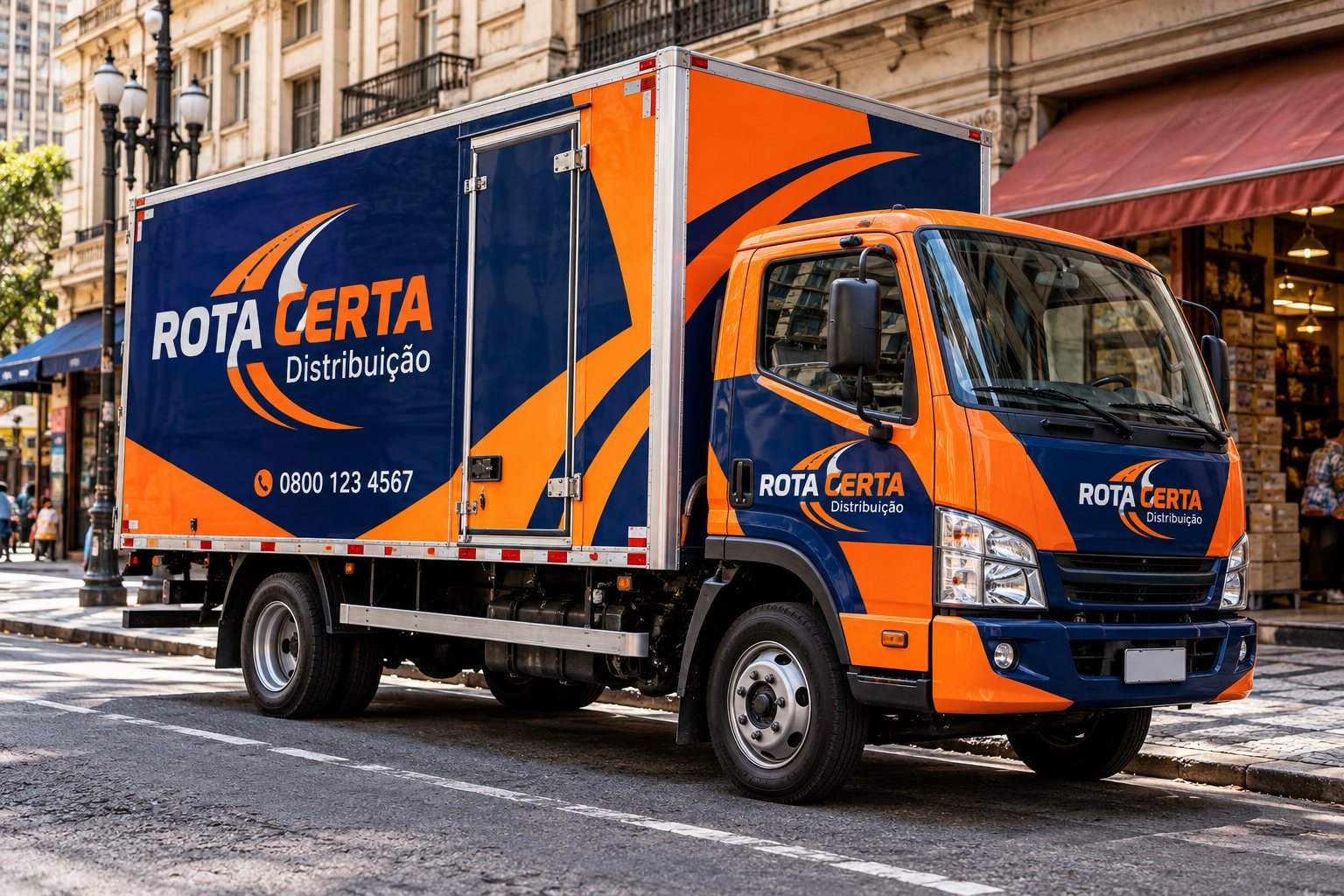 VUC com baú e cabine envelopados com marca fictícia em rua comercial do centro de São Paulo · Envelopamento de frotas na Bela Vista