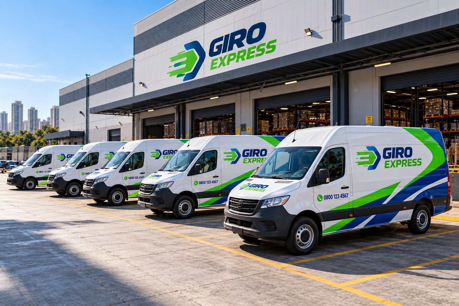 Frota de vans envelopadas com marca fictícia em galpão logístico da Zona Oeste · Adesivagem de veículos em São Paulo