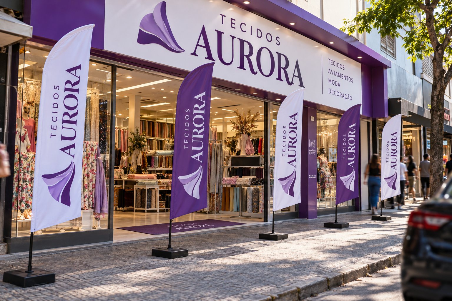 Wind banners na frente de uma loja em Americana — Grafíssima