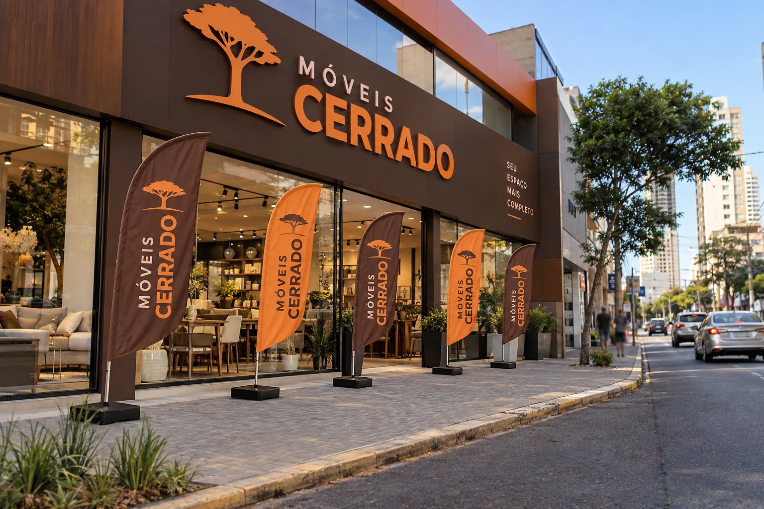 Wind banners em frente a uma loja em Bauru — Grafíssima