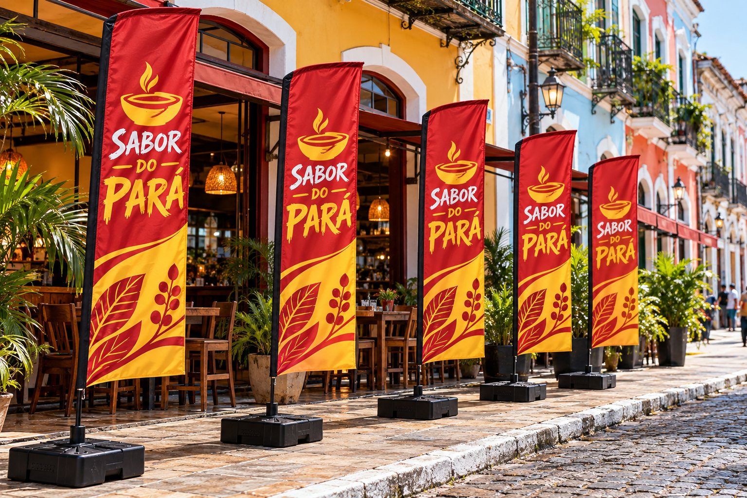 Wind banners em frente a um restaurante em Belém — Grafíssima