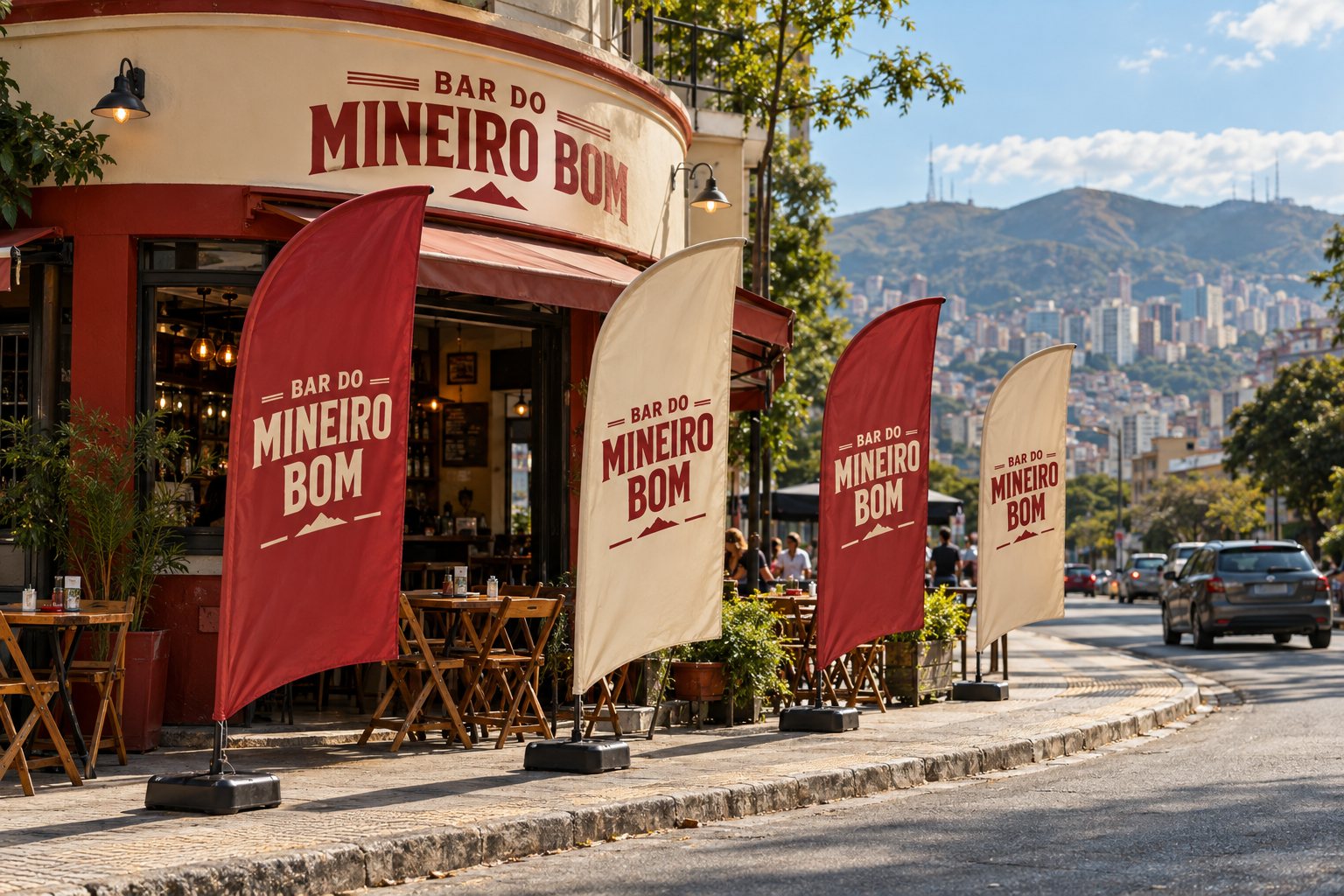 Wind banners na calçada de um bar em Belo Horizonte — Grafíssima