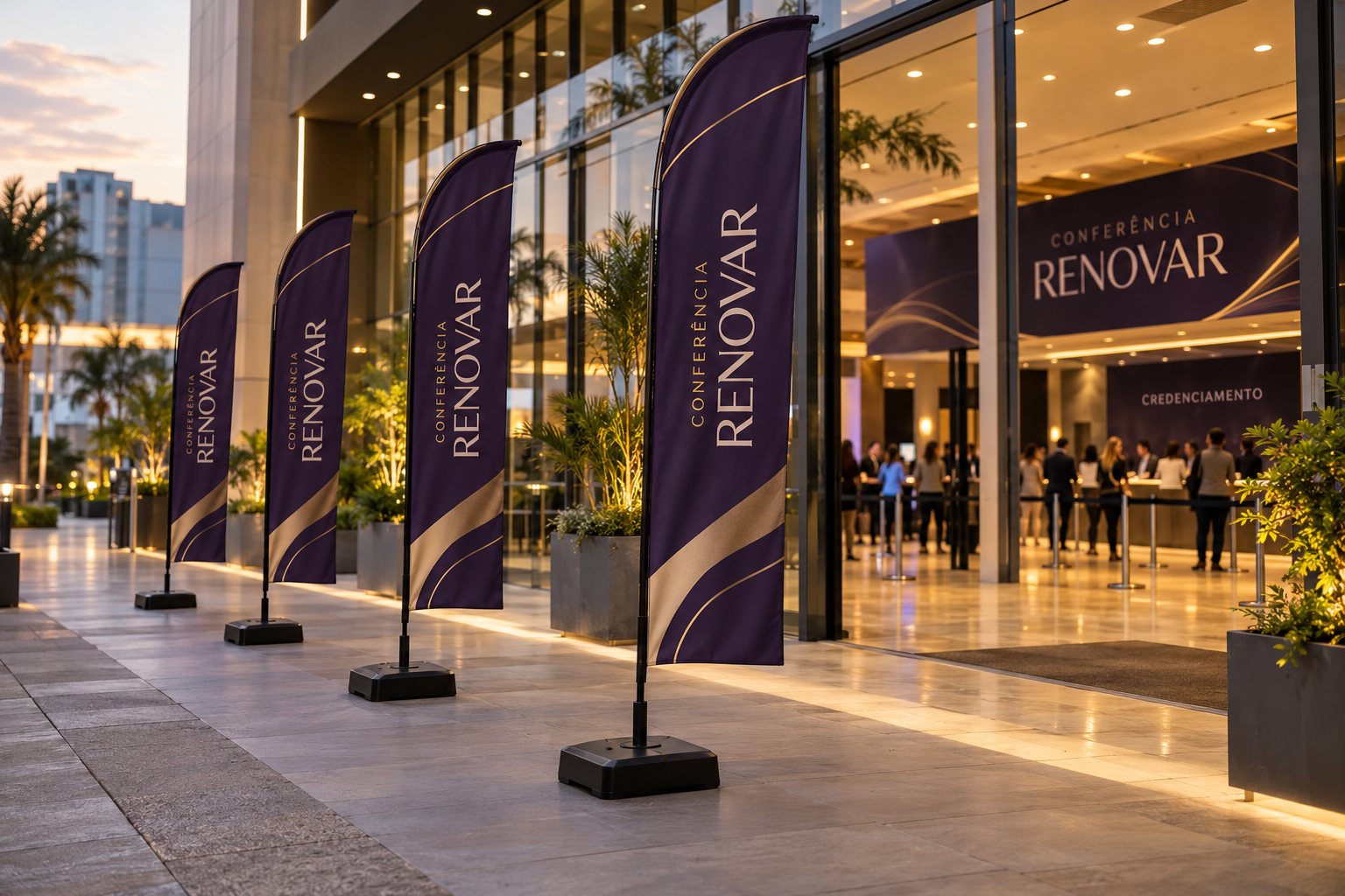 Wind banners na entrada de uma igreja em dia de conferência — Grafíssima