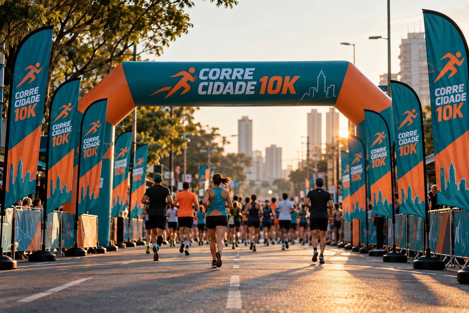 Wind banners na reta de chegada de uma corrida de rua — Grafíssima