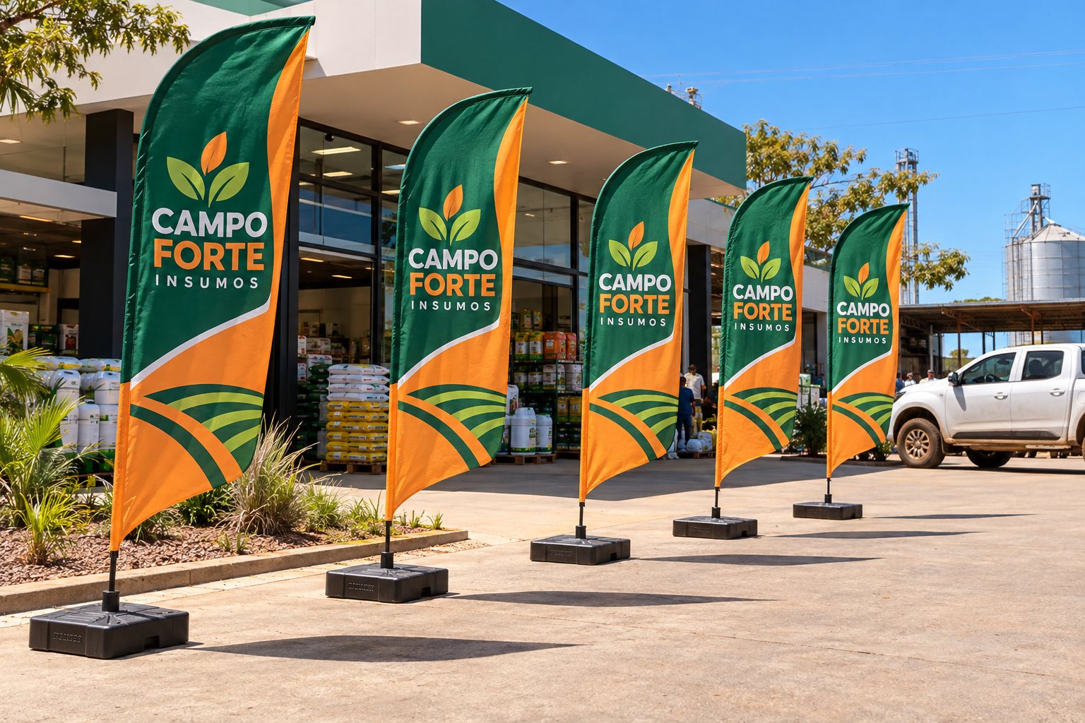 Wind banners em frente a uma revenda agrícola em Cuiabá — Grafíssima