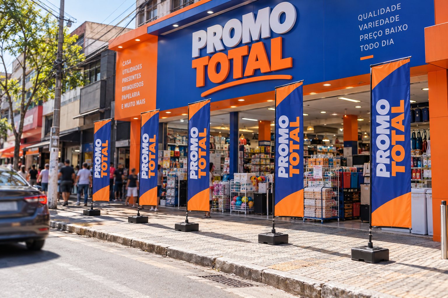 Wind banners na frente de um comércio em Diadema — Grafíssima