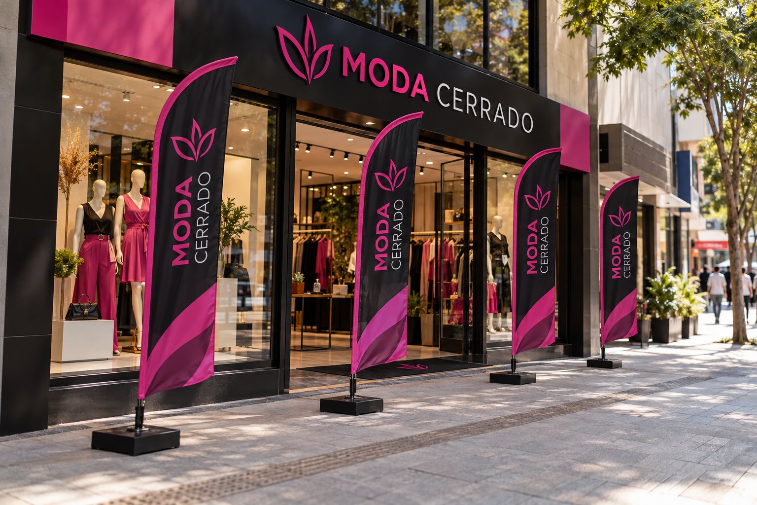 Wind banners em frente a uma loja de moda em Goiânia — Grafíssima