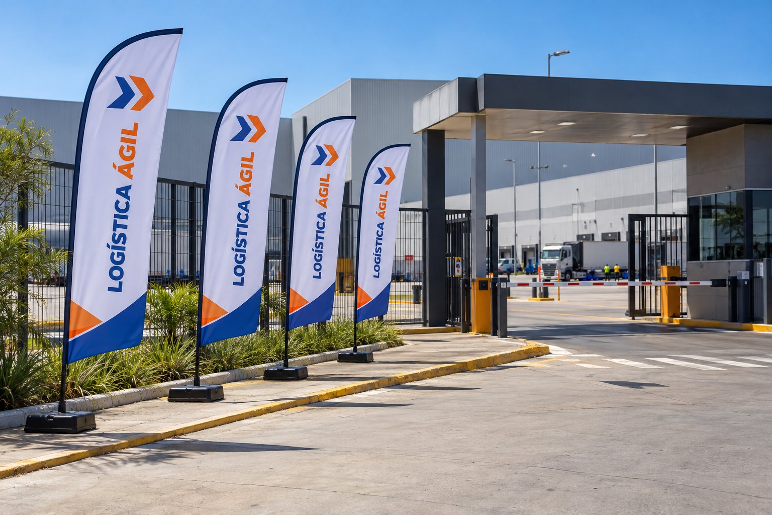 Wind banners na portaria de uma empresa em Hortolândia — Grafíssima