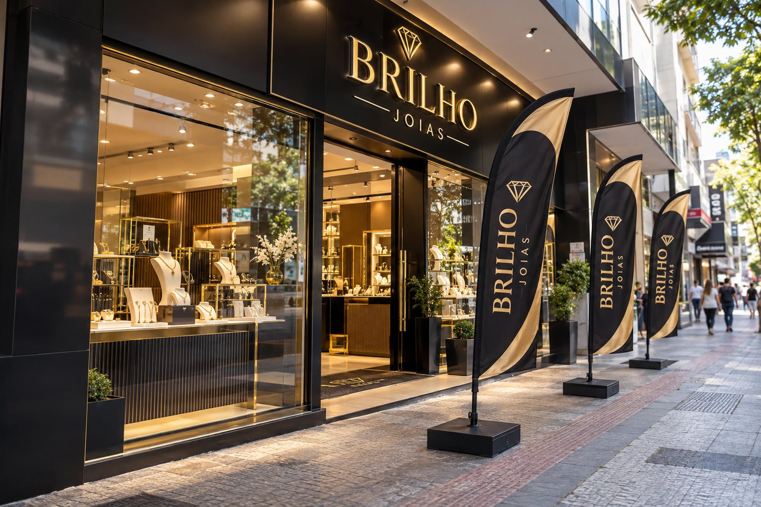 Wind banners na fachada de um showroom em Limeira — Grafíssima