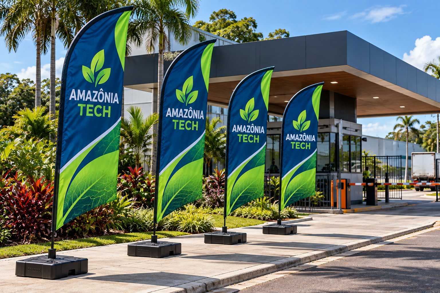 Wind banners na portaria de uma indústria em Manaus — Grafíssima