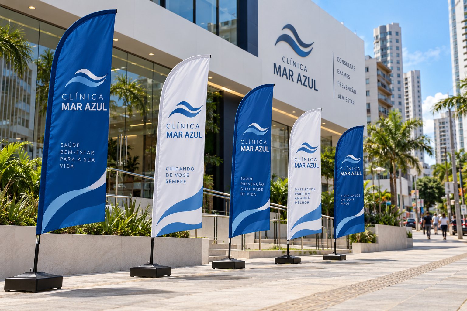 Wind banners na fachada de uma clínica em Recife — Grafíssima