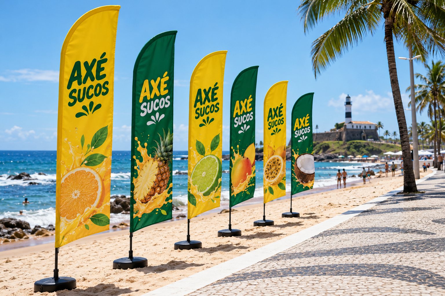 Wind banners em ativação de marca na orla de Salvador — Grafíssima