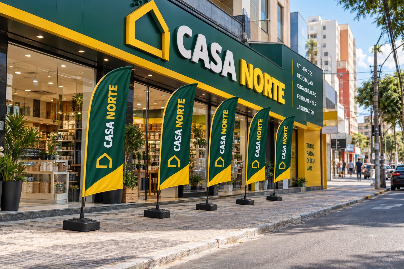 Wind banners em frente a um comércio em Santo André — Grafíssima