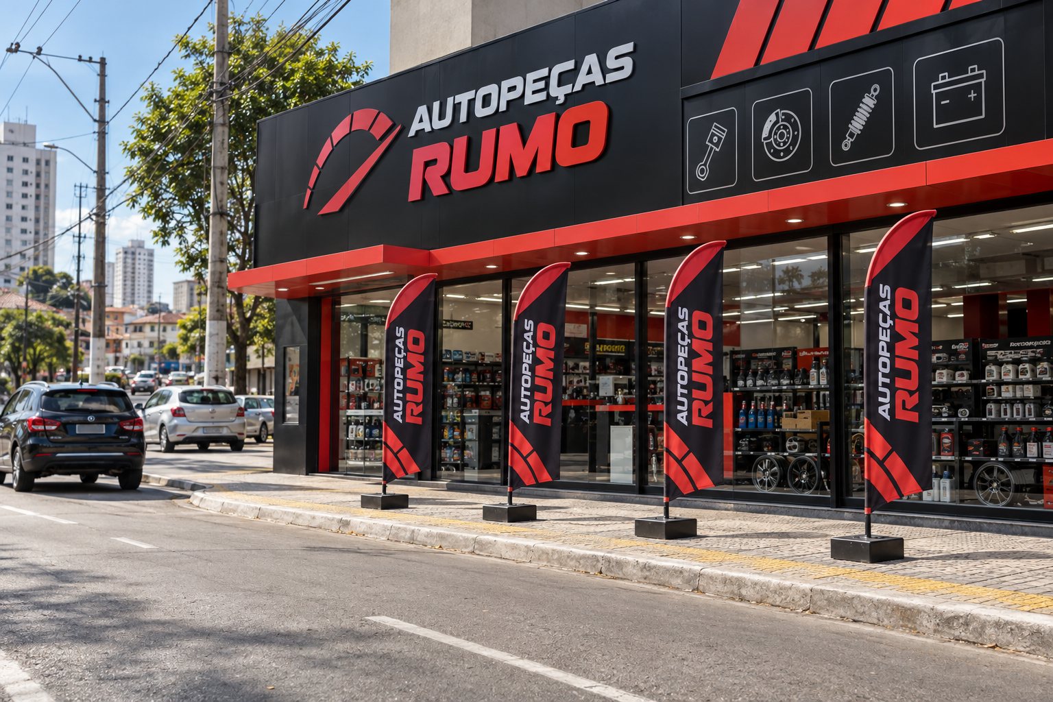 Wind banners na fachada de uma loja em São Bernardo do Campo — Grafíssima