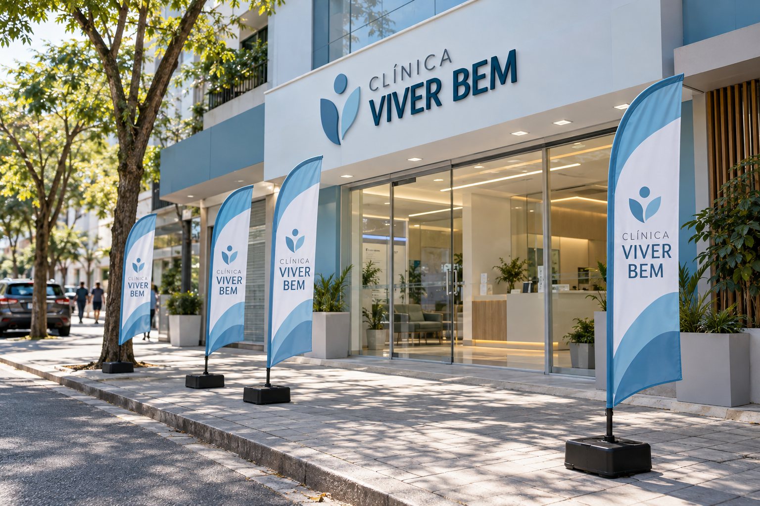Wind banners em frente a uma clínica em São Caetano do Sul — Grafíssima